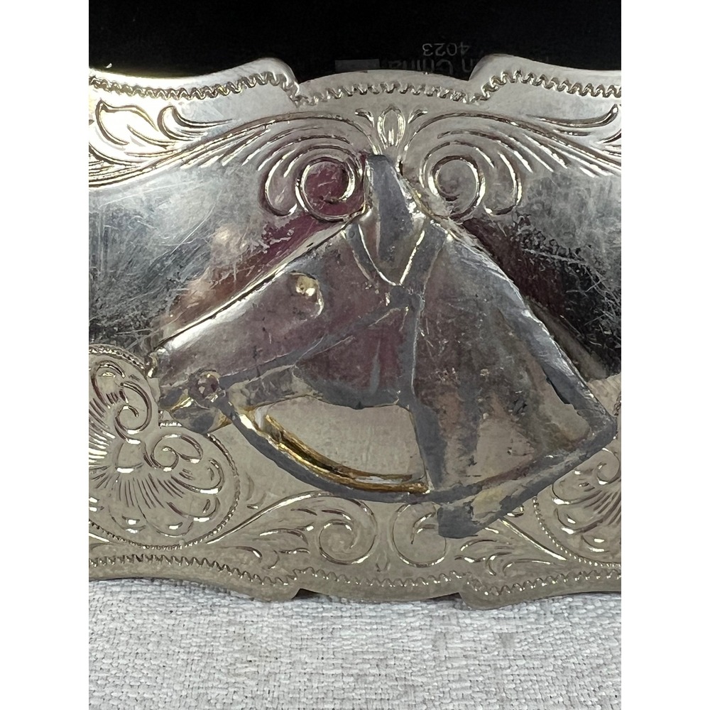 Vintage Western Horse Head Belt Buckle Silver Tone Engraved Floral Scalloped